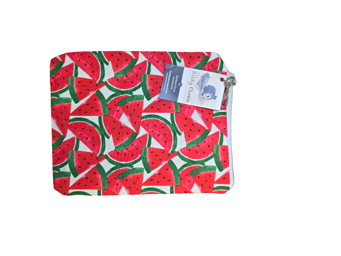 Handmade cloth gear bag with red watermelon print, green leaves, and fabric handle tab
