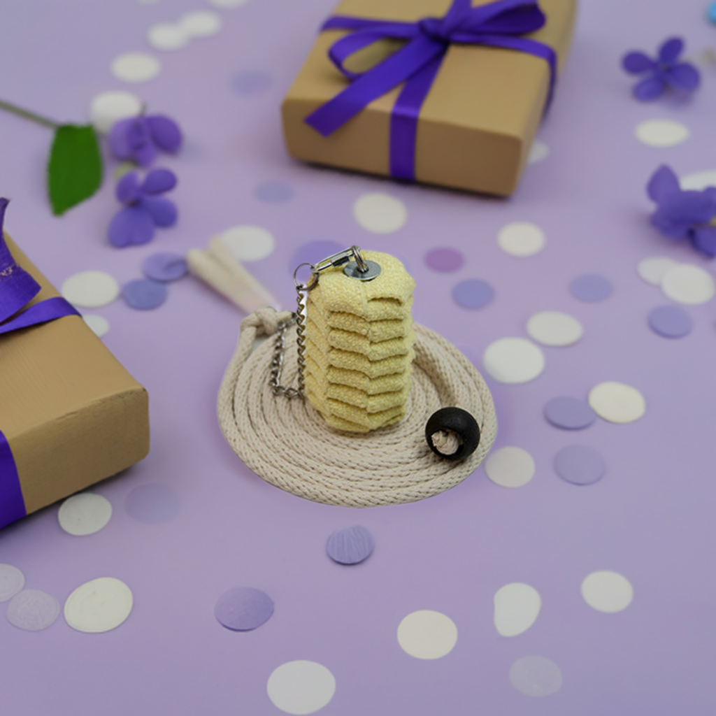 Rope dart with beige padded head, black end cap, chain connector and rope loop