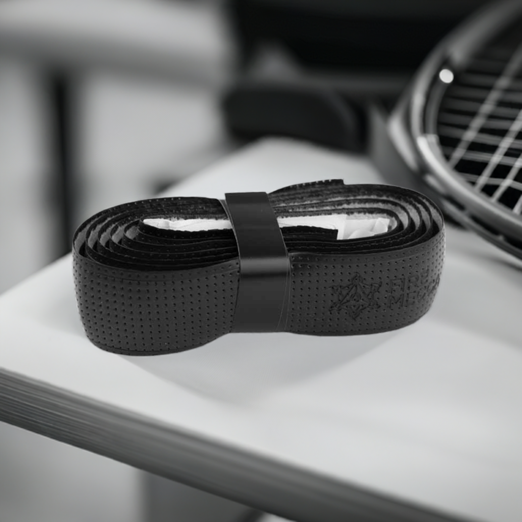 Black grip tape roll, perforated texture, black strap band