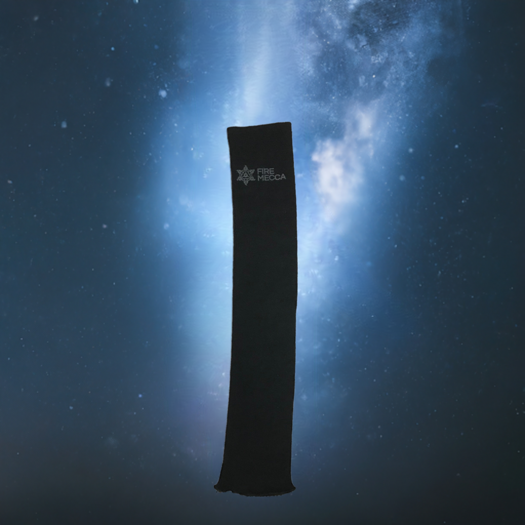Black Kevlar fire performer sleeve, upright view with small Fire Mecca logo.
