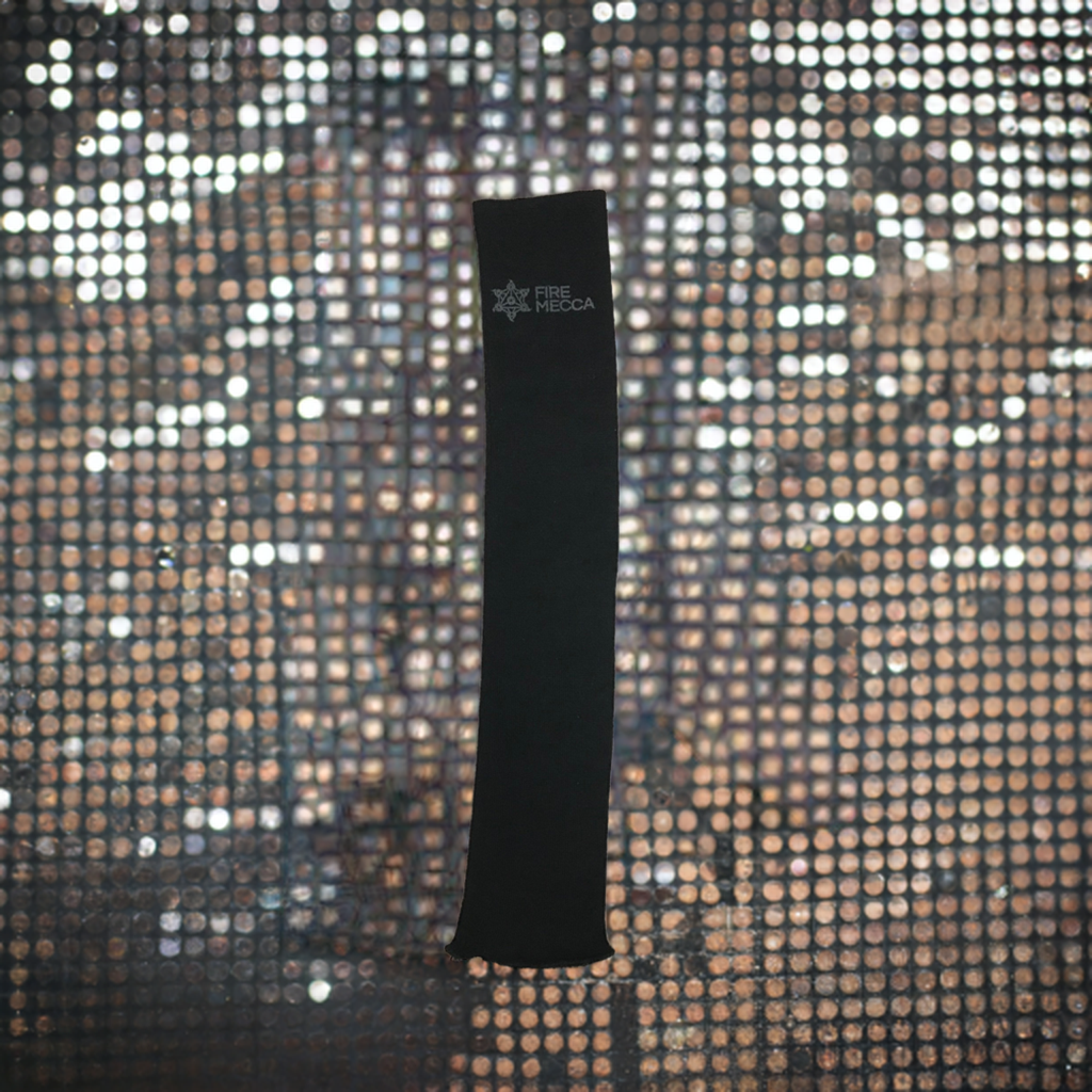Black Kevlar fire performer sleeve with Fire Mecca logo on front side.