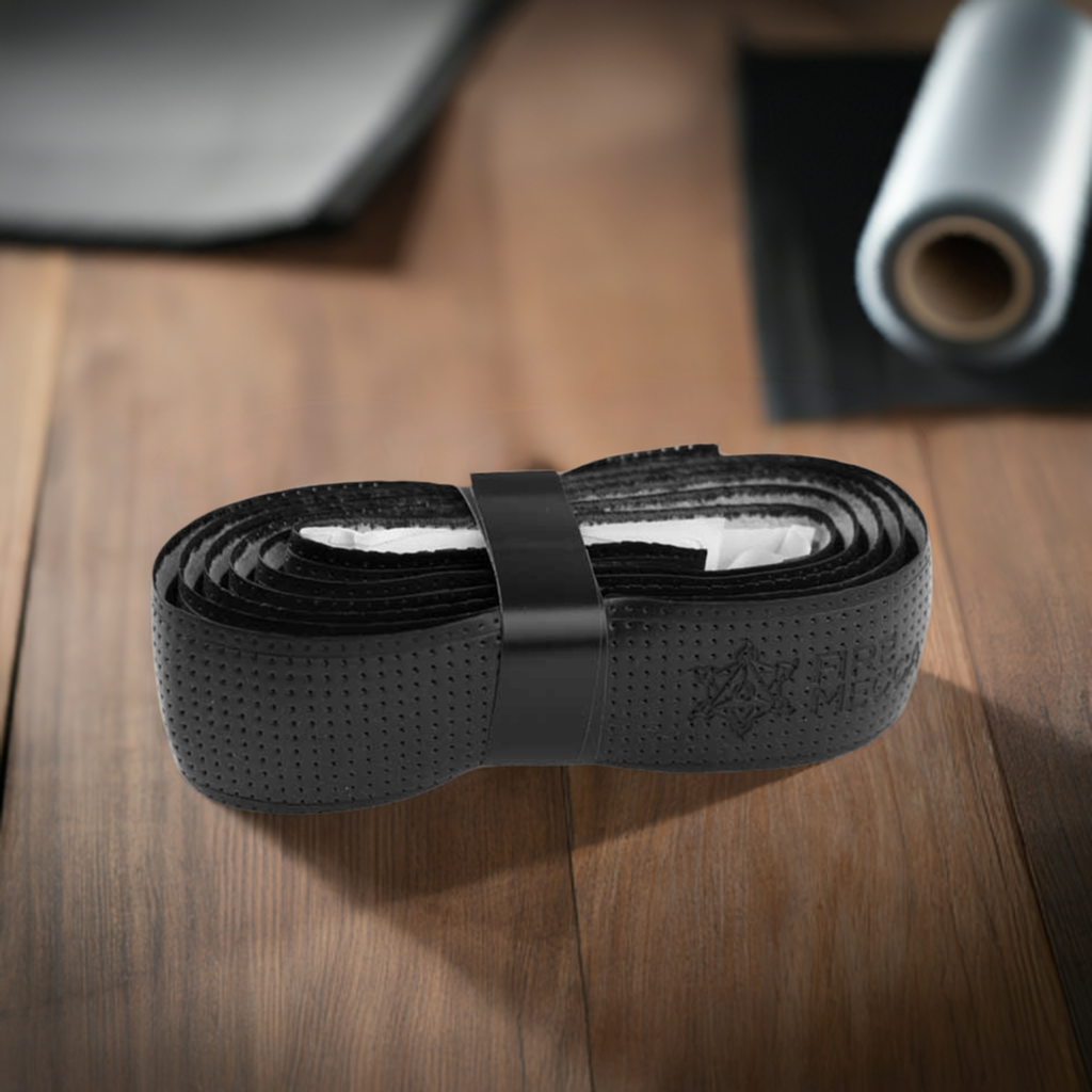 Black grip tape roll with perforated texture and black wrap band