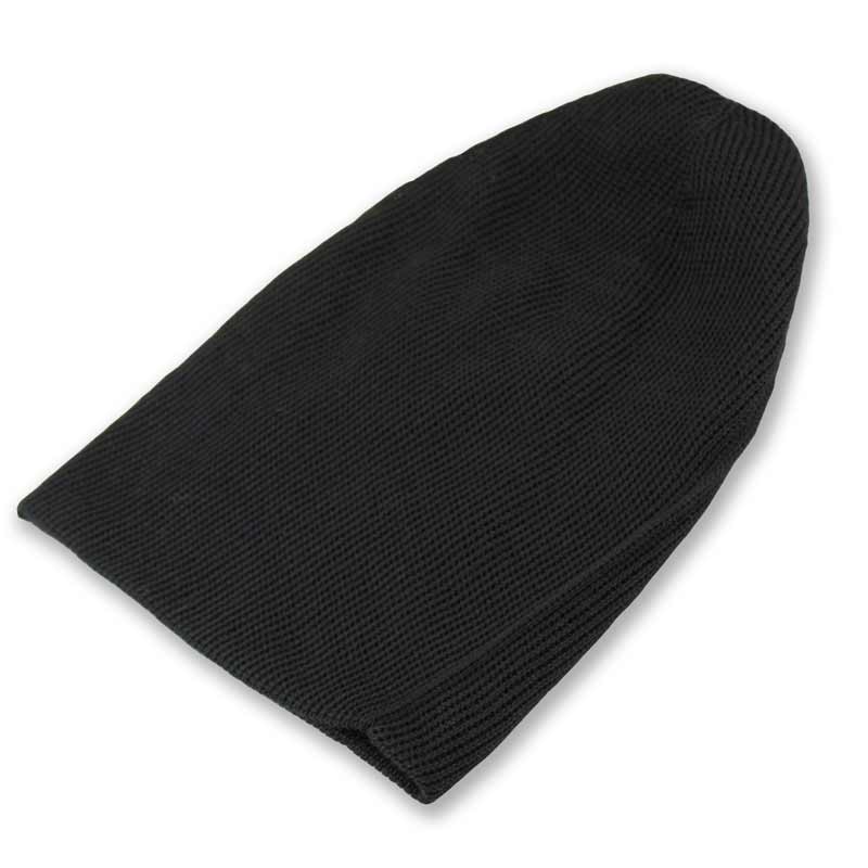 Black kevlar knit beanie with ribbed texture and folded cuff
