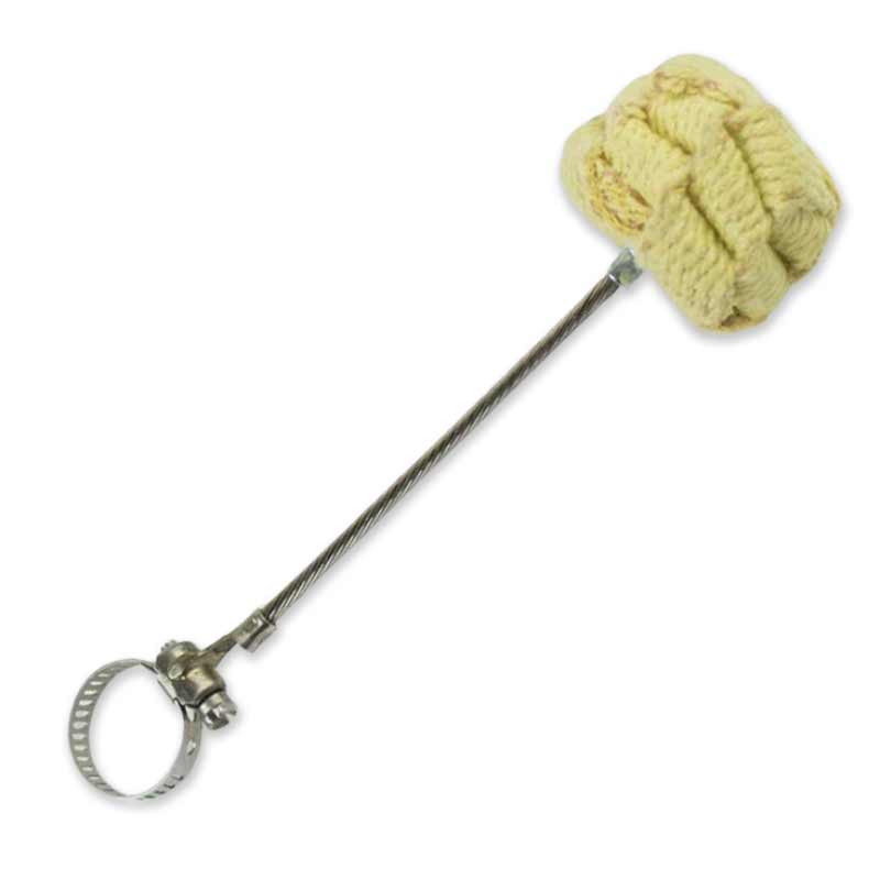 Metal fire hoop with pale yellow-green braided wick and ring grip handle.