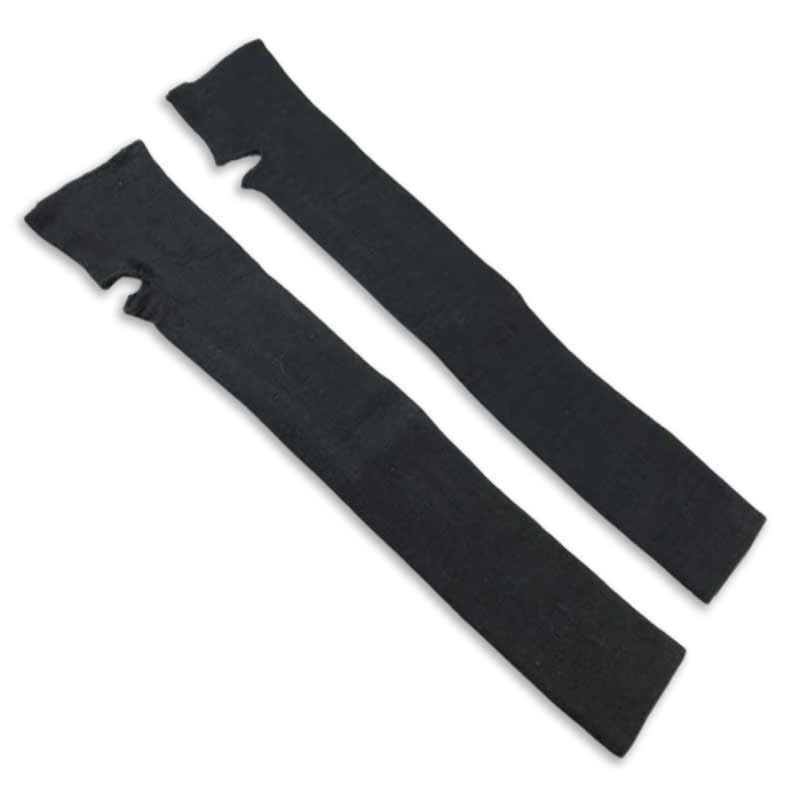 Pair of black Kevlar fire performer sleeves laid flat, with thumb openings.
