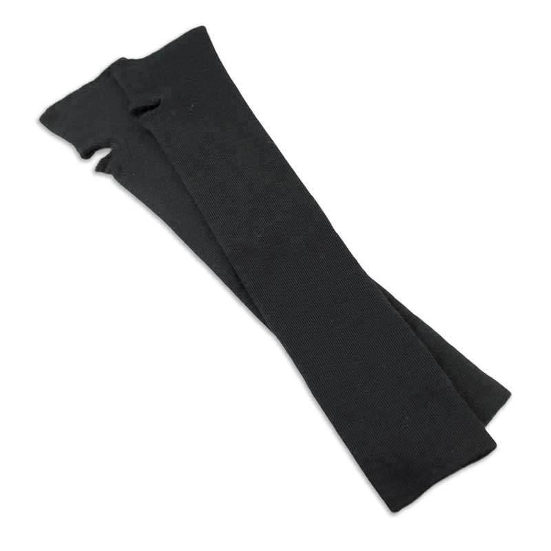 Two black Kevlar fire performer sleeves shown flat, with thumb opening cutouts.