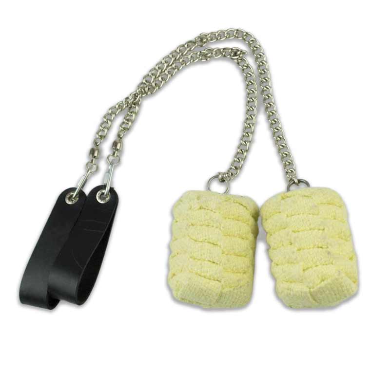 Fire poi set with two lime fuzzy poi heads, chrome chains, and black leather handles