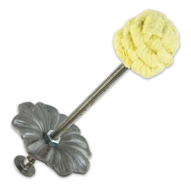 Fire torch with gray metal leaf handrest and large crumpled yellow fabric grip