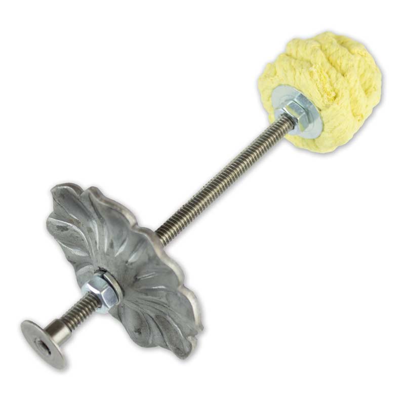 Fire torch with gray metal leaf handrest and crumpled yellow fabric grip on bar