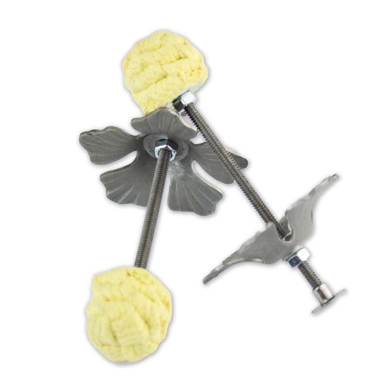 Fire torch with gray metal leaf handrests and crumpled yellow fabric grips