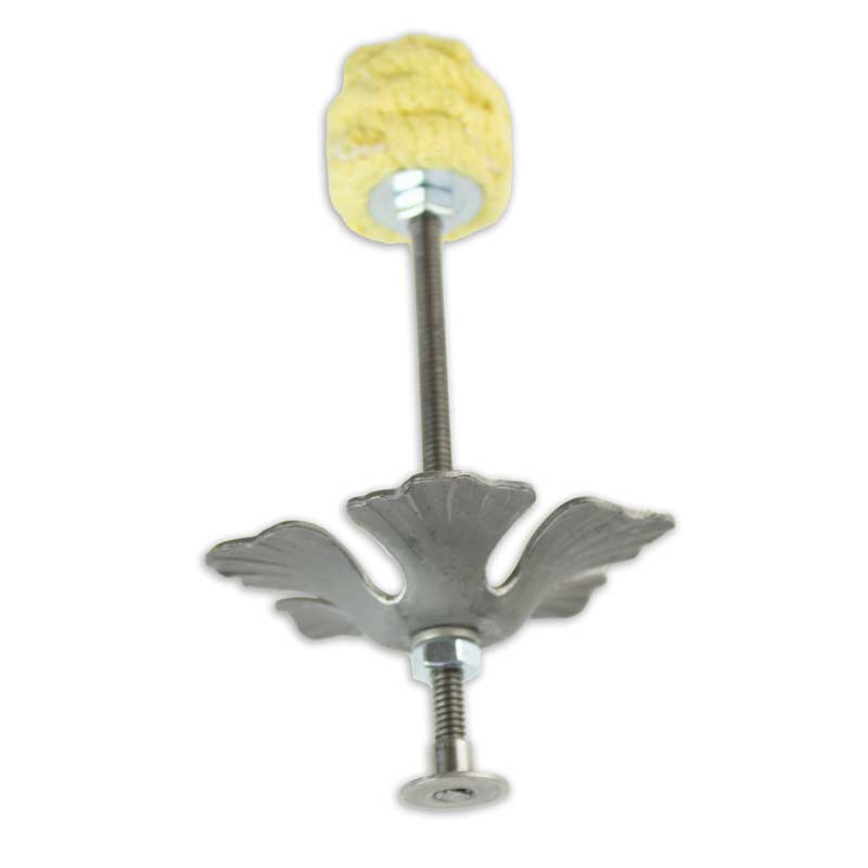 Fire torch with gray metal leaf base and crumpled yellow fabric grip at top