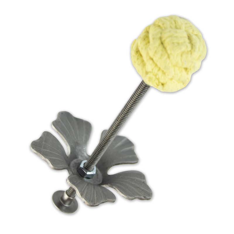 Single-rod fire torch with gray metal leaf base and crumpled yellow fabric grip