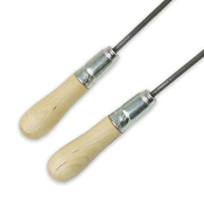 Close-up of wood-handled fire torch with silver clamp and dark metal rod